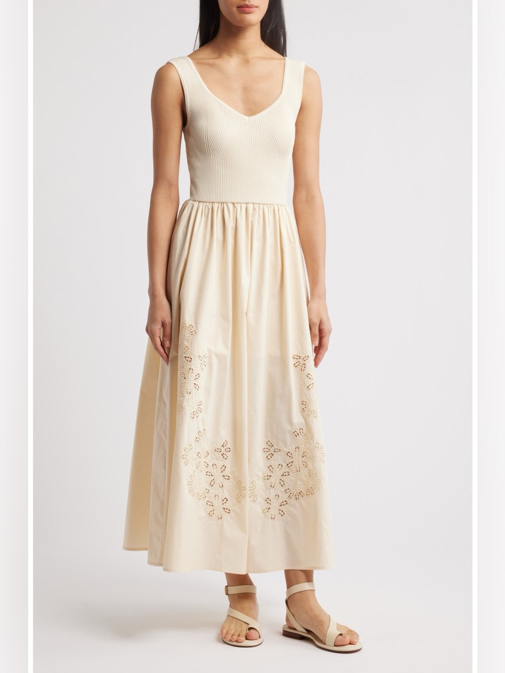 Moon River Sleeveless Mixed Media Midi Dress